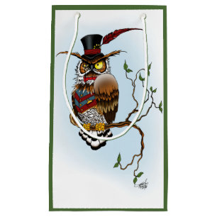 Steampunk Victorian Dapper Owl Top Hat Vintage  Small Gift Bag