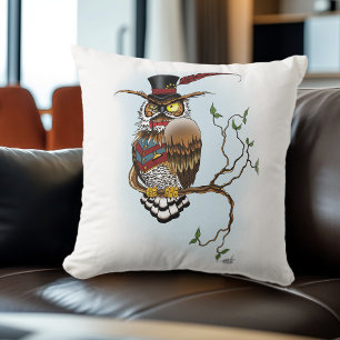 Steampunk Victorian Dapper Owl Top Hat Vintage Throw Pillow