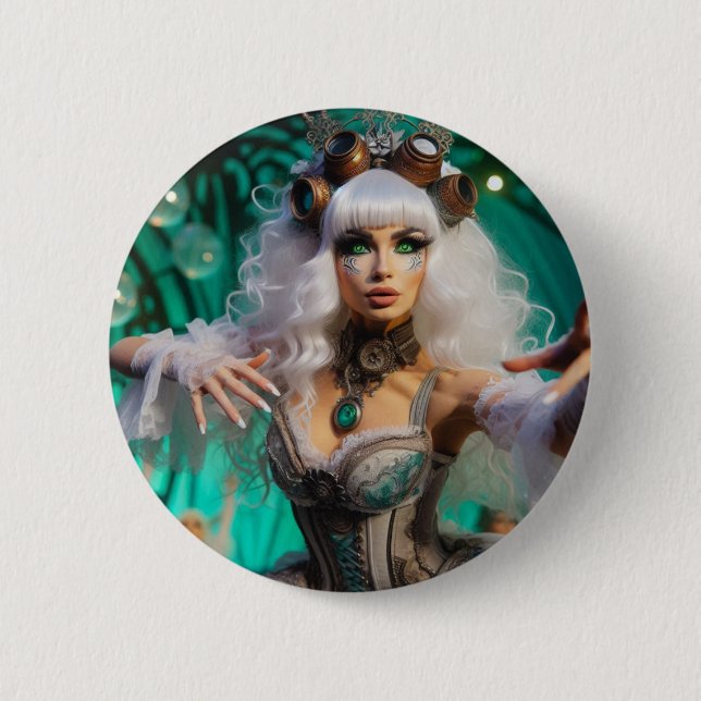 Steampunk Victorian Futuristic Green Dancer Button (Front)