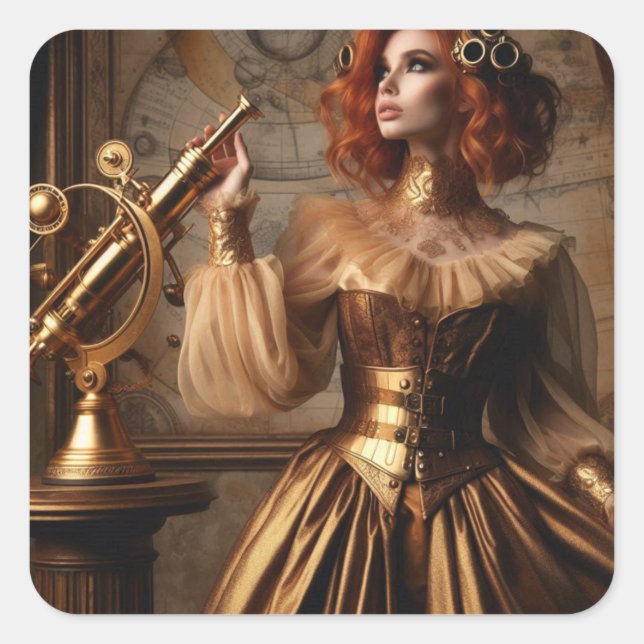 Steampunk Victorian Gold Astronomer Square Sticker (Front)