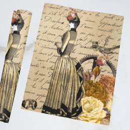 Steampunk Victorian Gold Script Lady Woman Bird Wrapping Paper