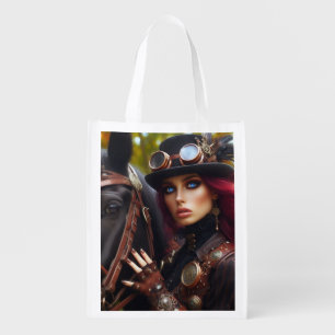 Steampunk Victorian Lady Dark Rider Grocery Bag