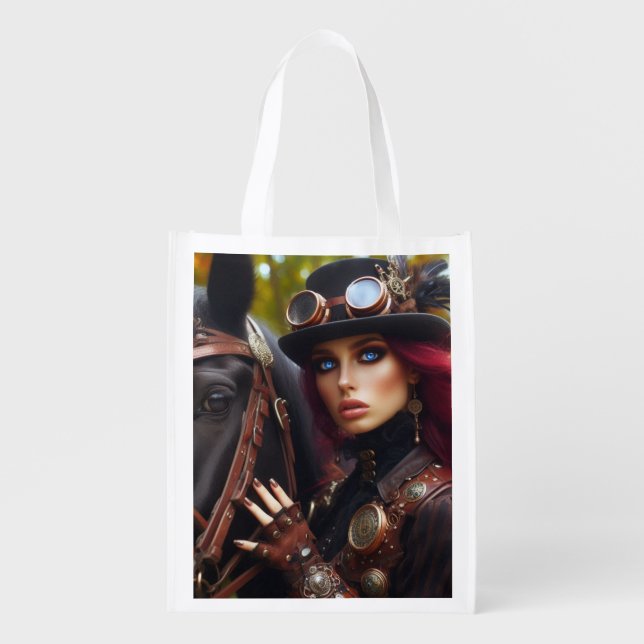 Steampunk Victorian Lady Dark Rider Grocery Bag (Front)