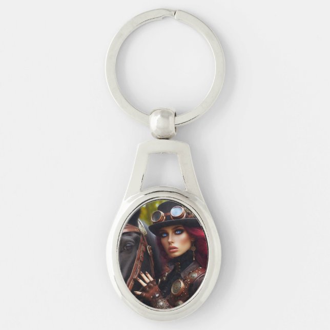 Steampunk Victorian Lady Dark Rider Keychain (Front)
