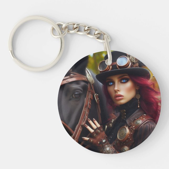 Steampunk Victorian Lady Dark Rider Keychain (Front)