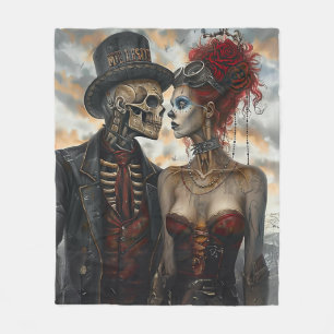 Steampunk Victorian Skeleton Couple Fleece Blanket
