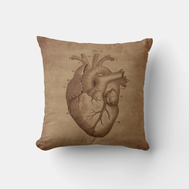 Steampunk Vintage Anatomical Heart Engraving Throw Pillow (Front)