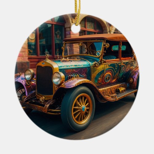 Steampunk Vintage Car in Town Ceramic Ornament
