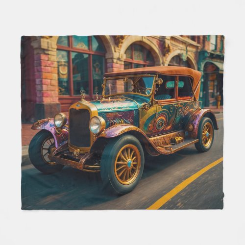 Steampunk Vintage Car in Town Fleece Blanket