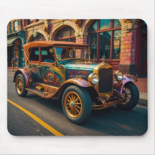 Steampunk Vintage Car in Town Mouse Pad