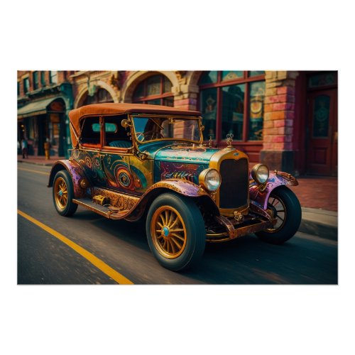 Steampunk Vintage Car in Town Poster