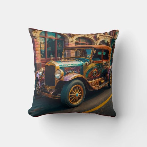 Steampunk Vintage Car in Town Throw Pillow
