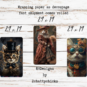 Steampunk Vintage Cats Decoupage Set  Wrapping Paper Sheets