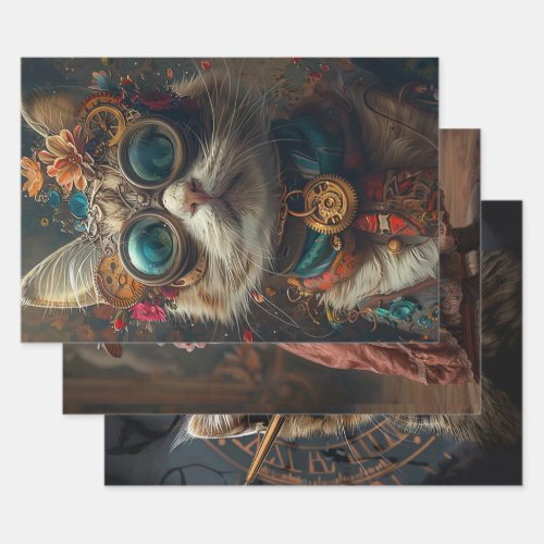 Steampunk Vintage Cats Decoupage Set  Wrapping Paper Sheets