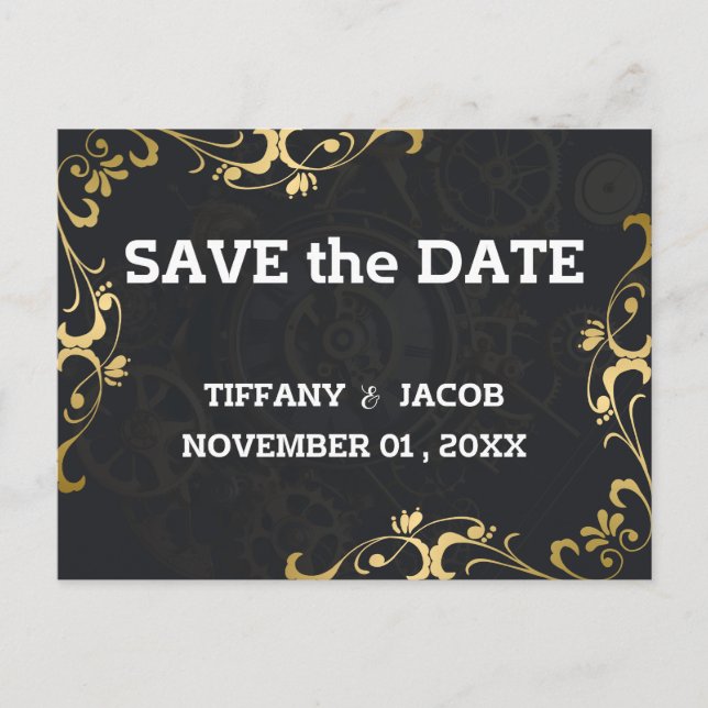Steampunk Vintage Cogs Save the Date Invitation Postcard (Front)