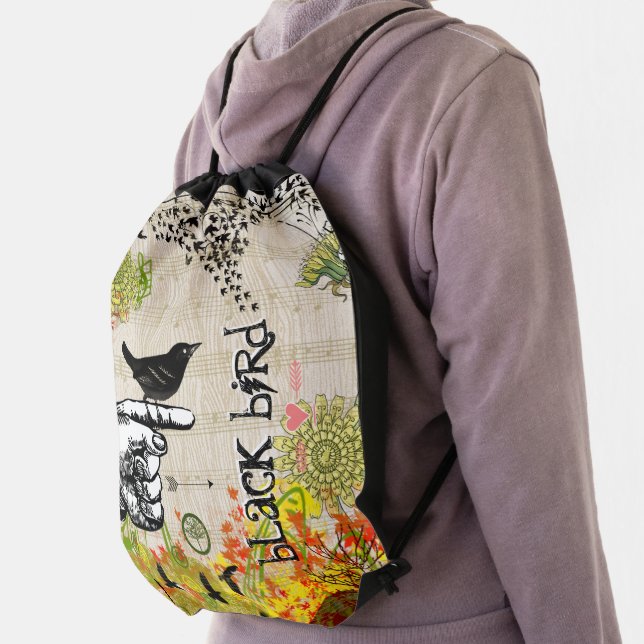 Steampunk Vintage Eiffel Tower Blackbird Collage Drawstring Bag (Insitu)