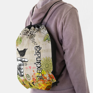 Steampunk Vintage Floral Arrow Blackbird Collage Drawstring Bag