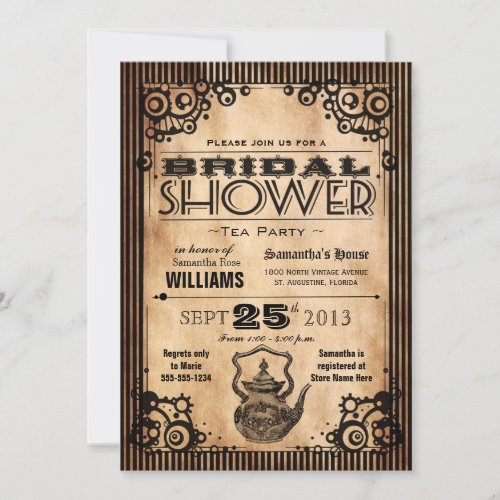 Steampunk Vintage Look Bridal Shower Tea Party Invitation