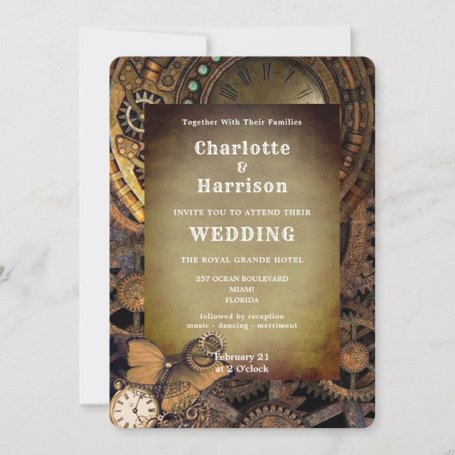 Steampunk Vintage Mechanical Gears Butterfly Invit Invitation (Front)