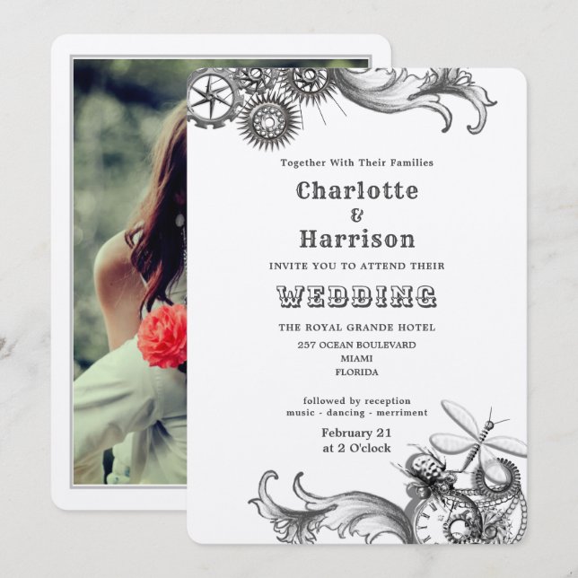 Steampunk Vintage Mechanical Gears Insects Photo I Invitation (Front/Back)