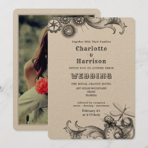 Steampunk Vintage Mechanical Gears Insects Photo I Invitation