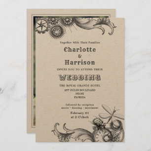 Steampunk Vintage Mechanical Gears Insects Photo Invitation