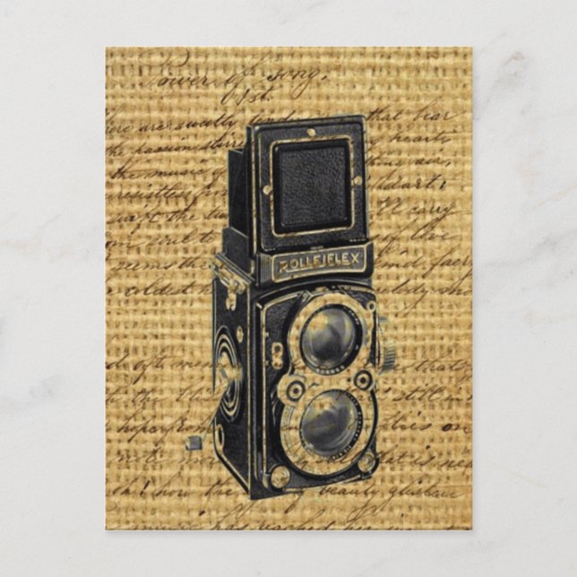 steampunk vintage scripts burlap antique camera postcard (Front)