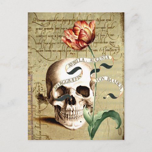 Steampunk Vintage Skull Floral Writing Postcard