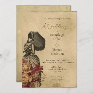 Steampunk Vintage Victorian Floral Wedding Invitation