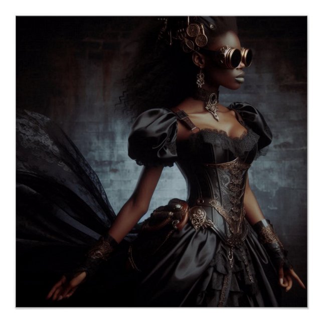 Steampunk Vintage Victorian Lady Black Raven Poster (Front)