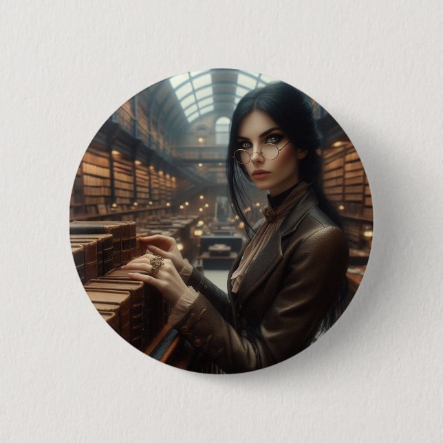 Steampunk Vintage Victorian Lady Librarian  Button (Front)