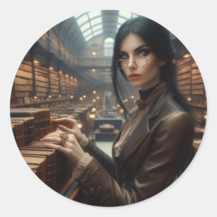 Steampunk Vintage Victorian Lady Librarian Classic Round Sticker