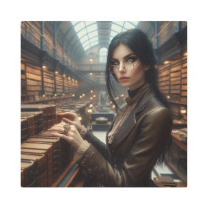 Steampunk Vintage Victorian Lady Librarian Metal Print