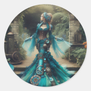 Steampunk Vintage Victorian Lady Teal Mermaid Classic Round Sticker