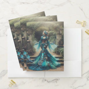 Steampunk Vintage Victorian Lady Teal Mermaid Pocket Folder