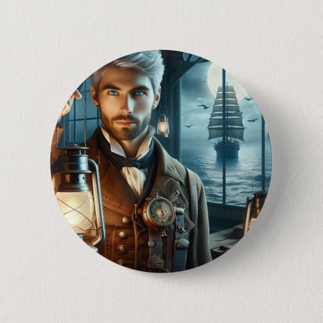 Steampunk Vintage Victorian Lighthouse Keeper Button (Front)