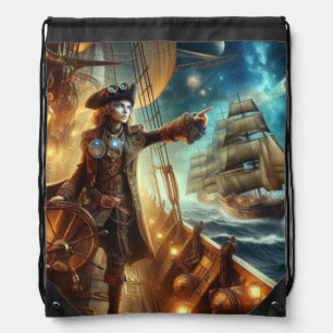 Steampunk Vintage Victorian Ocean Space Pirate Drawstring Bag