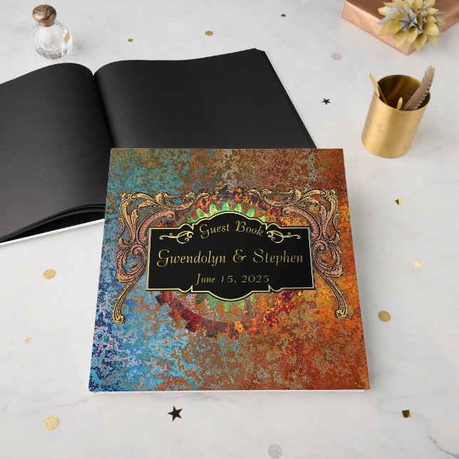 Steampunk Vintage Wedding Personalized Foil Guest Book (Front Open)