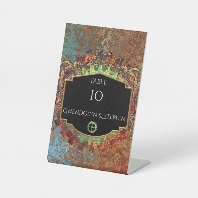 Steampunk Vintage Wedding Personalized Table Numbe Pedestal Sign (Front)