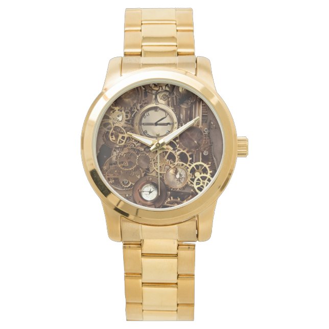 Steampunk Watch Gears Gold Mens Art Watch (Front)