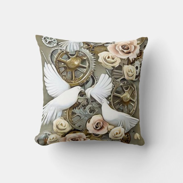 Steampunk Wedding Doves Throw Pillow (Front)
