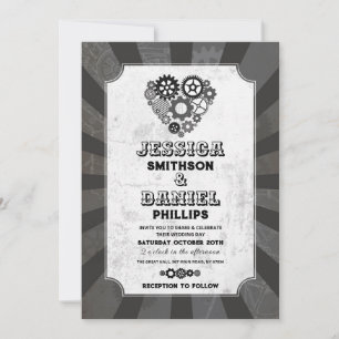 Steampunk Wedding Hearts Cogs Retrofuturistic Invitation