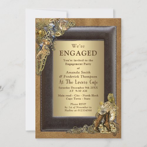 Steampunk Wedding On Suede Engagement Invitation