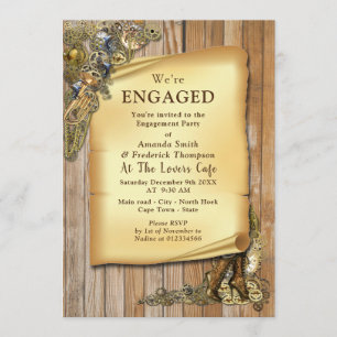 Steampunk Wedding On Wood Engagement Invitation