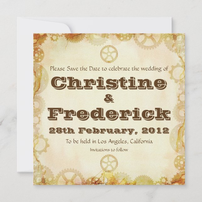 Steampunk Wedding, save the date announcement (Front)