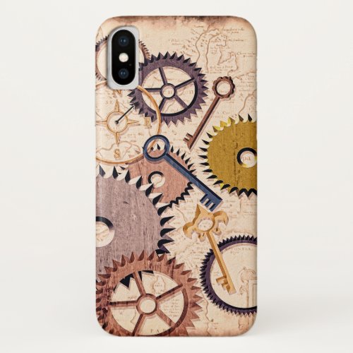 Steampunk Wheels Gears Keys Old Map Oil Paint iPhone XS Case