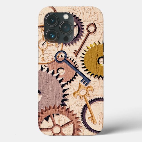 Steampunk Wheels Gears Keys Old Map Oil Paint iPhone 13 Pro Case