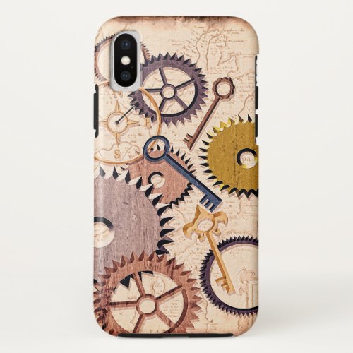 Steampunk Wheels Gears Keys Old Map Oil Paint iPhone XS Case