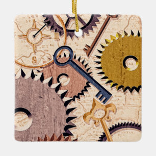 Steampunk Wheels, Gears, Keys, Old Map Oil Paint Ceramic Ornament
