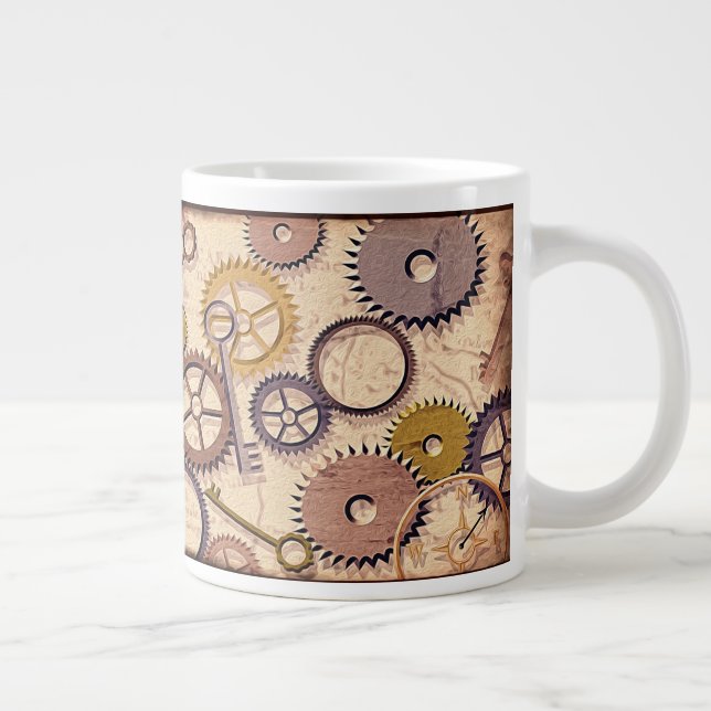 Steampunk Wheels, Gears, Keys, Old Map Oil Paint Giant Coffee Mug (Right)